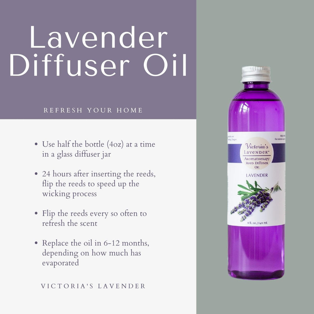 Close-up of Victoria's Lavender diffuser oil being poured for easy refills.