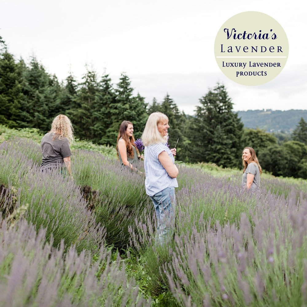 USA-made Victoria's Lavender label on a pure lavender oil bottle for home use.