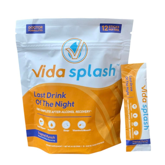 Vida Splash Tropical Punch stick-pack for quick hydration after a night out.