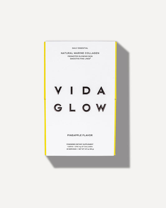 Vida Glow marine collagen pineapple sachets ready for daily routine to support skin and nails.