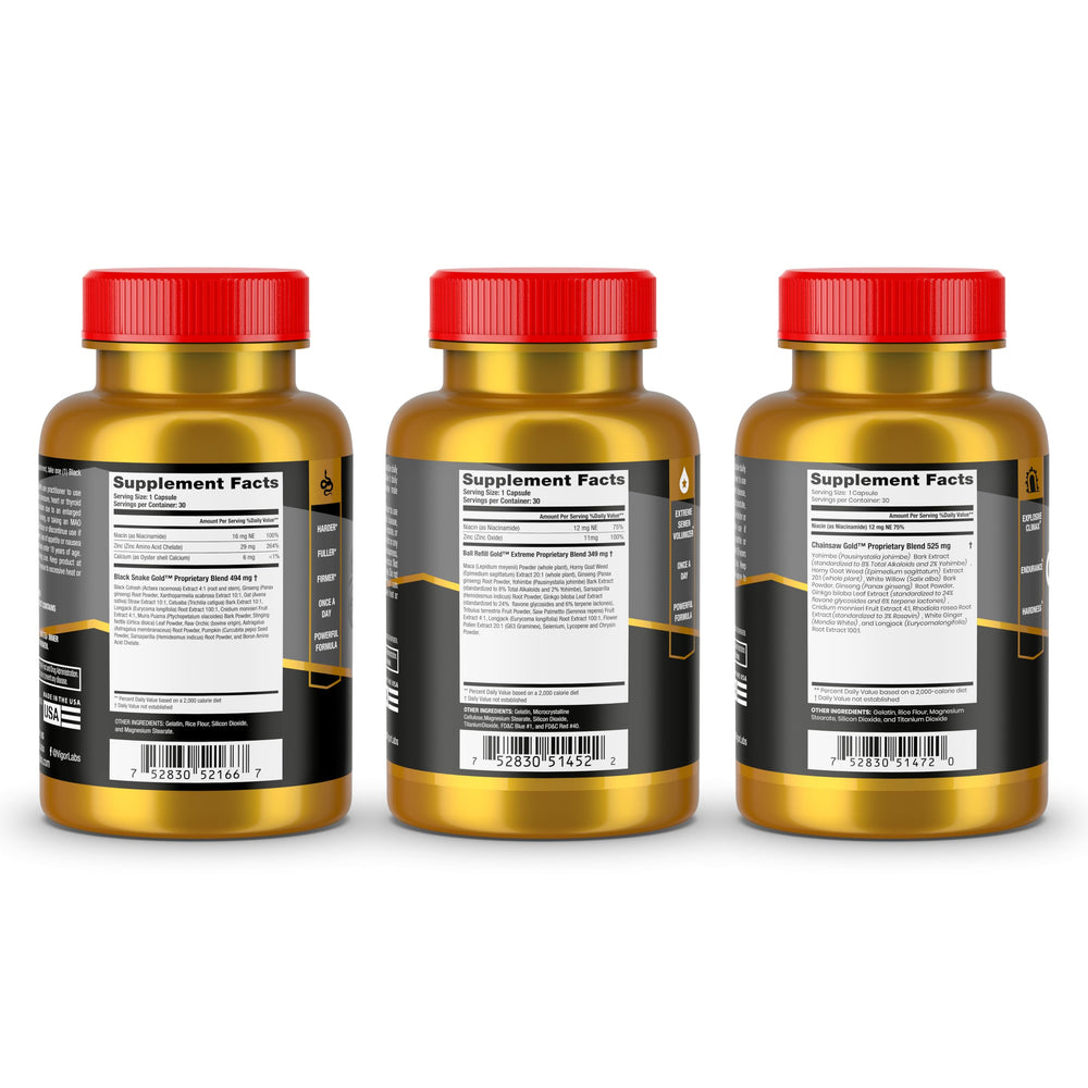 Vigor Labs Ball Refills Gold bottle close-up suggesting potential blood flow support and firmness.