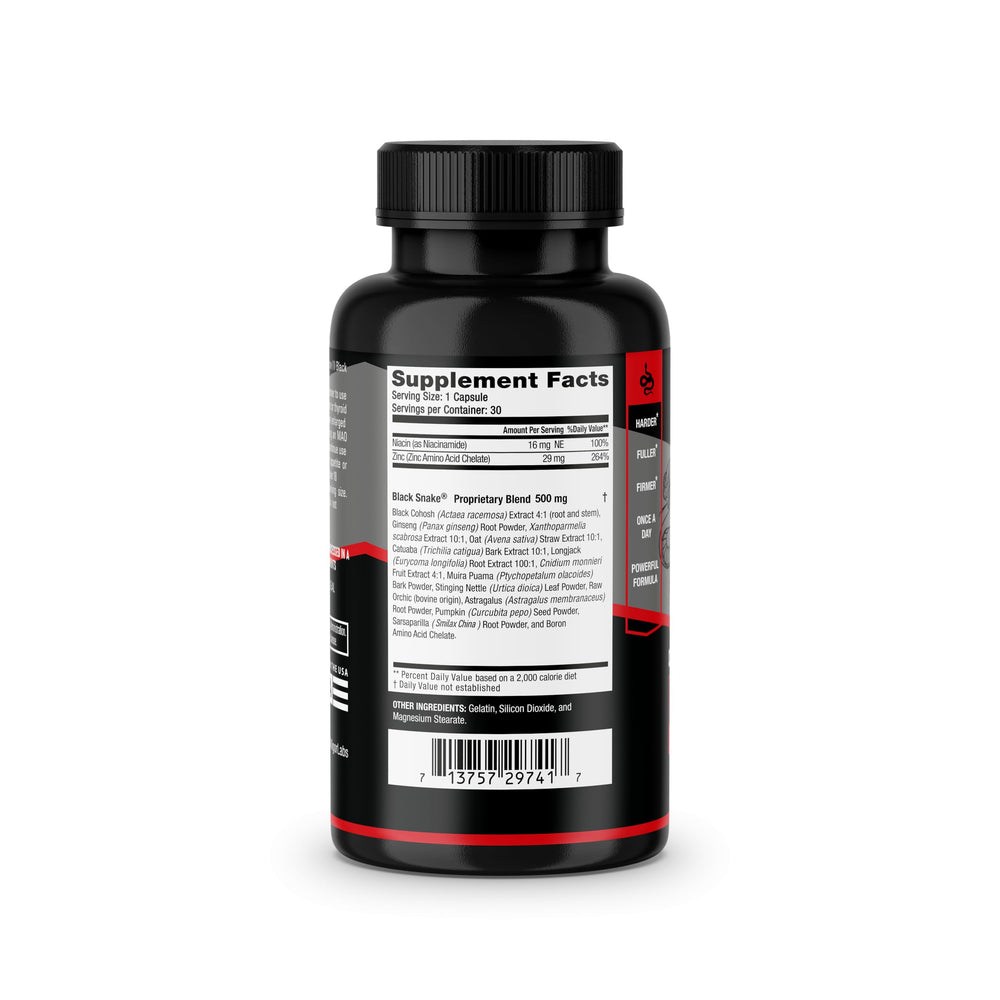 Vigor Labs Black Snake label detail emphasizes proprietary natural blend.