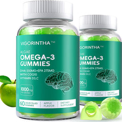 Vigorintha vegan Omega-3 gummies bottle front highlights algae-based DHA and EPA.