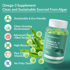 Nutrition panel for vigorintha omega-3 gummies shows DHA 550mg and EPA 275mg.
