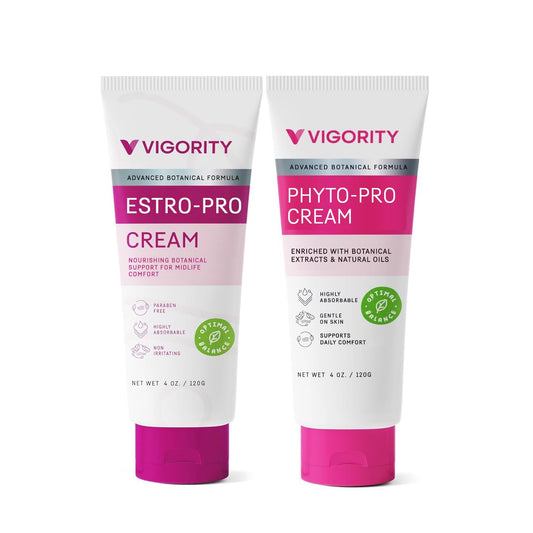 Vigority Estro-Pro cream bottle for daily hydration and midlife skin comfort.