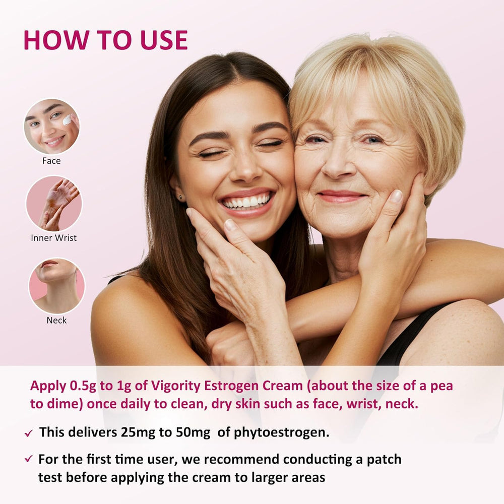 Vigority Estrogen Cream texture close-up shows a smooth, non-greasy feel.