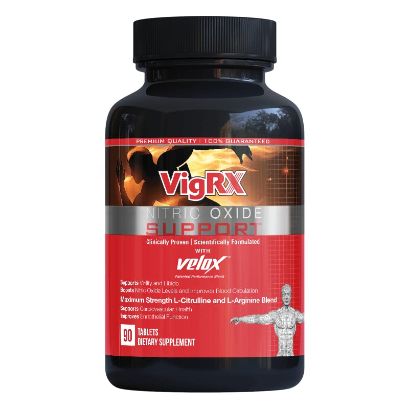 VigRX Nitric Oxide Support bottle with label, hinting at enhanced stamina and circulation.