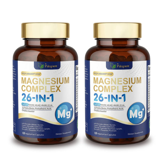 Vikaywoo 26-in-1 magnesium complex bottle on a clean surface for daily wellness.