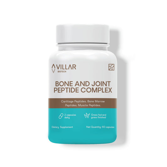Villar Biotech Bone Joint Peptide Complex bottle highlighting targeted joint support for mobility.