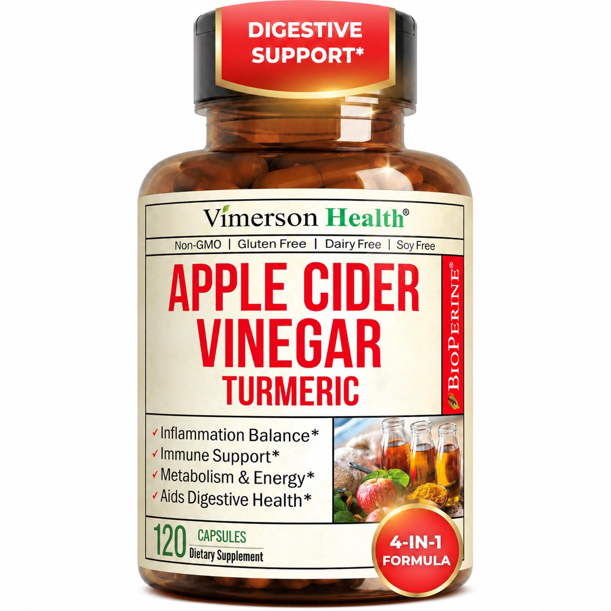 Vimerson Health Apple Cider Vinegar Turmeric bottle front supports convenient daily wellness.