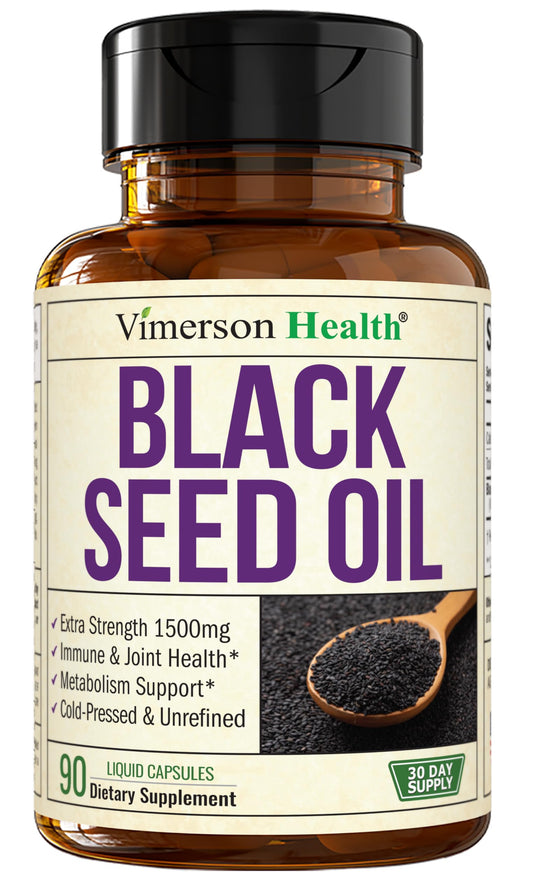Vimerson Health Black Seed Oil capsules in a bottle showing immune-support potential.