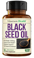 Vimerson Health Black Seed Oil capsules in a bottle showing immune-support potential.