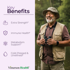 Vimerson Health Black Seed Oil capsules in close-up highlighting high potency per serving.
