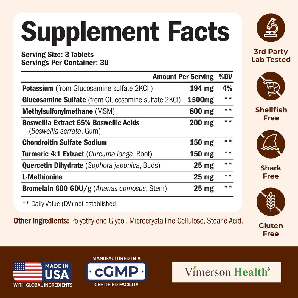 Vimerson Health Glucosamine bottle label emphasizes USA-made quality and third-party testing.