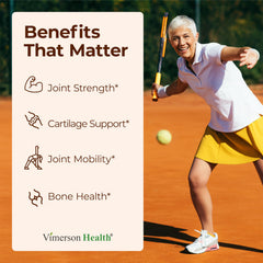 Vimerson Health Glucosamine tablets closeup highlighting easy-to-swallow capsules for daily use.