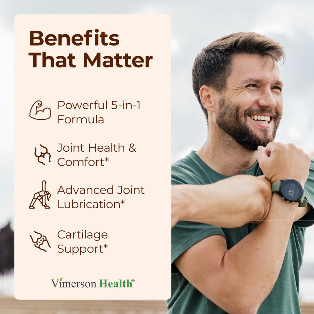 Vimerson Health joint-support capsules close-up highlighting Hyaluronic Acid lubrication.