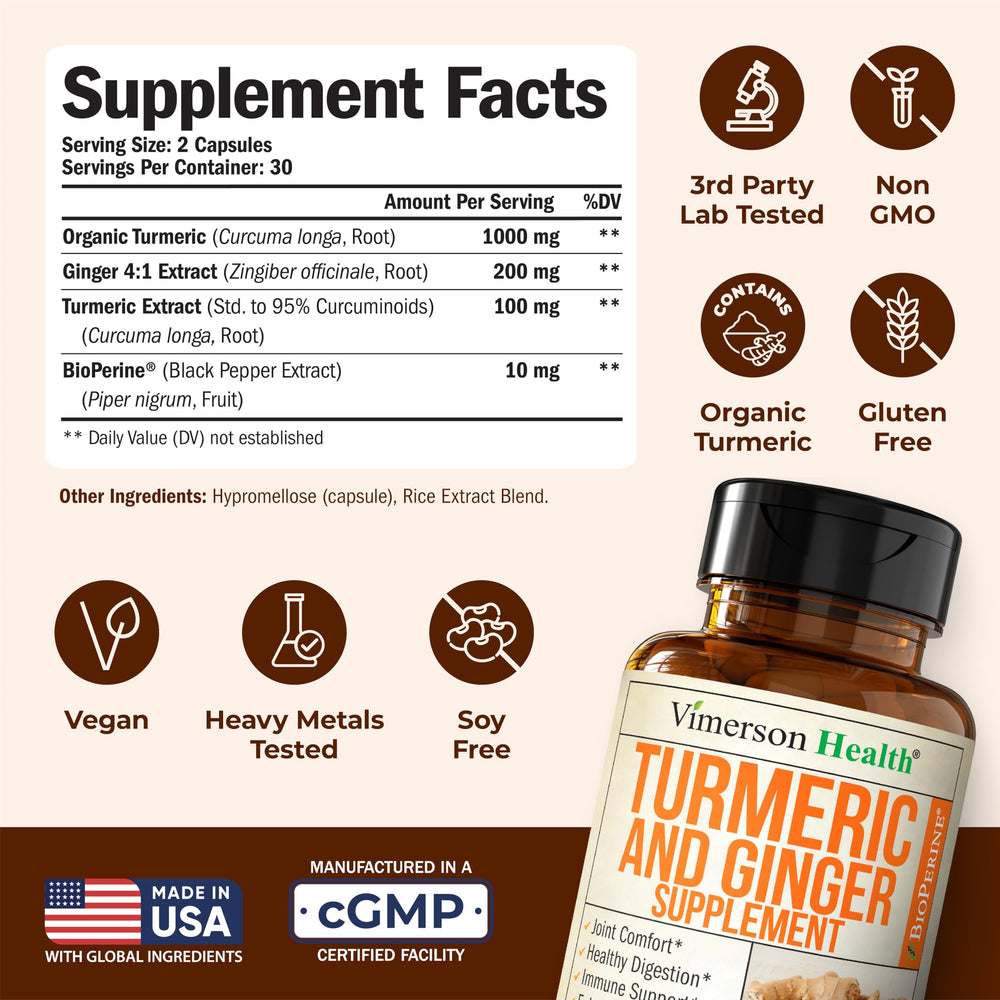 Label highlights organic turmeric with 95% curcuminoids for quality.