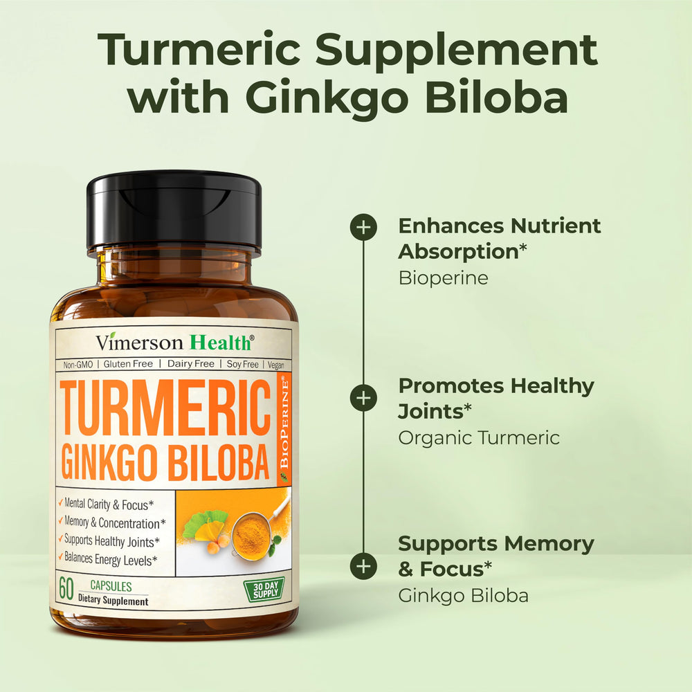 Vimerson Health Organic turmeric bottle emphasizes vibrant turmeric content