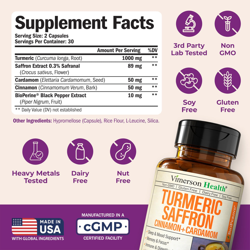 Vimerson Health saffron extract capsules inside bottle emphasizing memory focus support