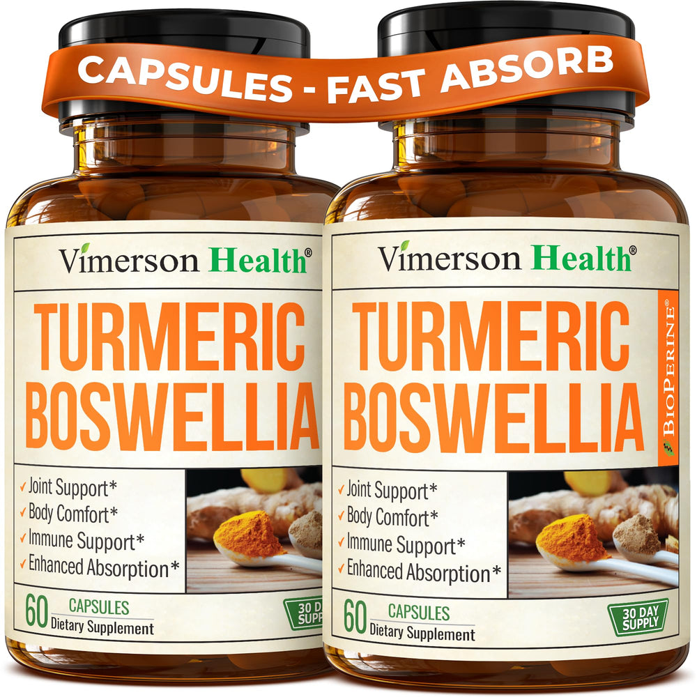 Vimerson Health turmeric-boswellia capsules bottle supports daily joint comfort.