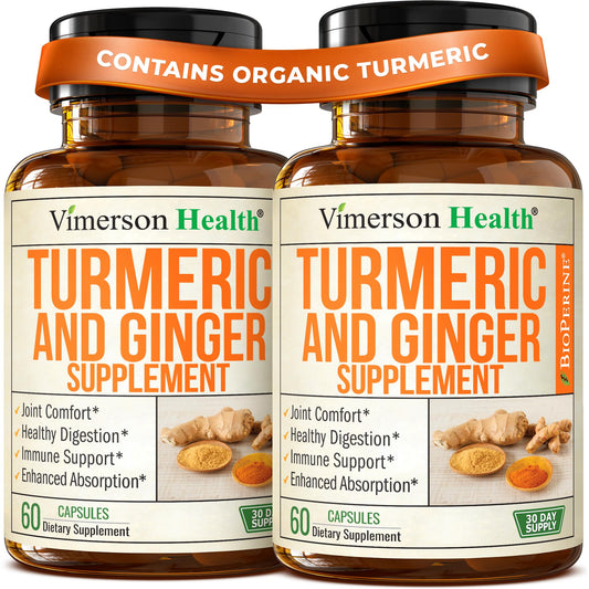 Vimerson Health turmeric-curcumin-ginger bottle for convenient daily joint support.