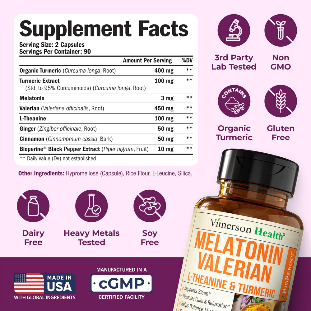 Vimerson Health turmeric-curcumin-ginger capsules for daily wellness alongside sleep.