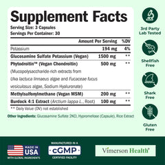 Vimerson Health vegan chondroitin ingredients panel shows burdock root for joint support.