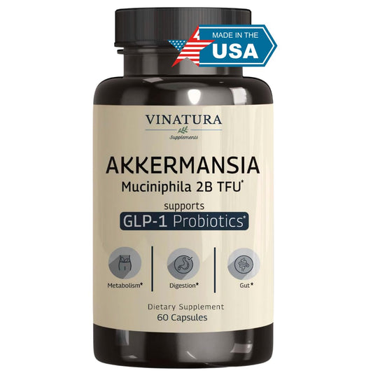 VINATURA Akkermansia bottle with capsules ready for daily gut health support.