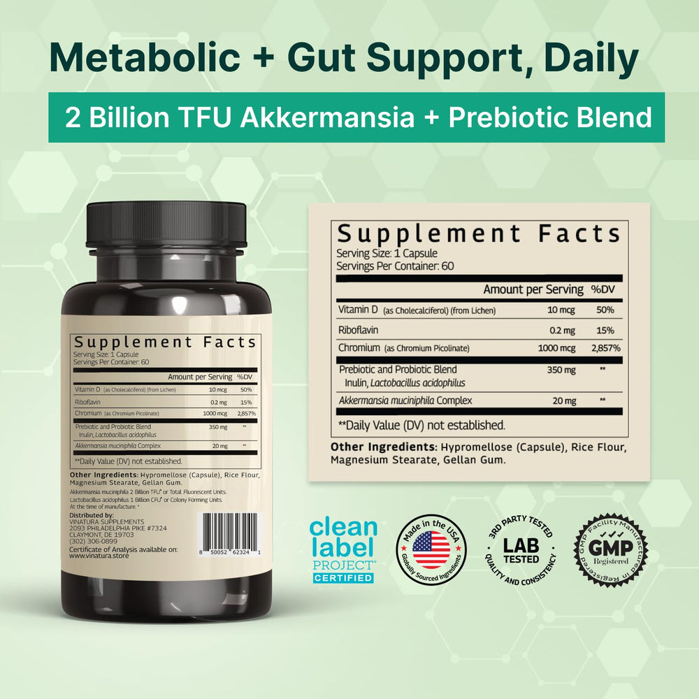VINATURA Akkermansia capsules, a convenient GLP-1 supportive supplement.