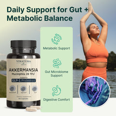 VINATURA Akkermansia bottle label highlights allergen-free formulation.
