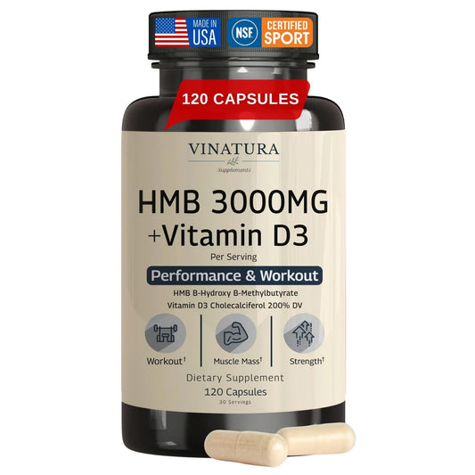 VINATURA HMB 3000mg capsules bottle for convenient daily muscle support