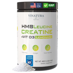 VINATURA HMB Creatine Leucine powder bottle front showing vegan lemonade flavor for workouts
