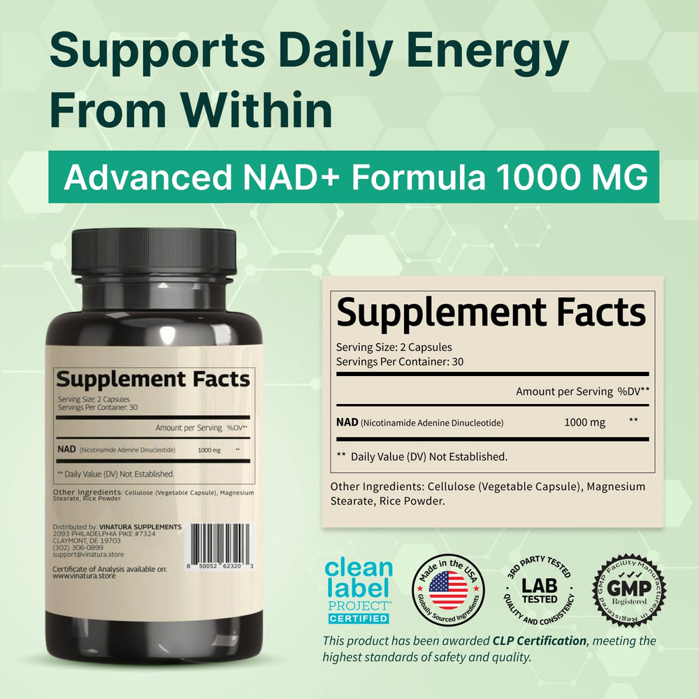 VINATURA NAD 1000mg capsules close-up highlighting dosage.