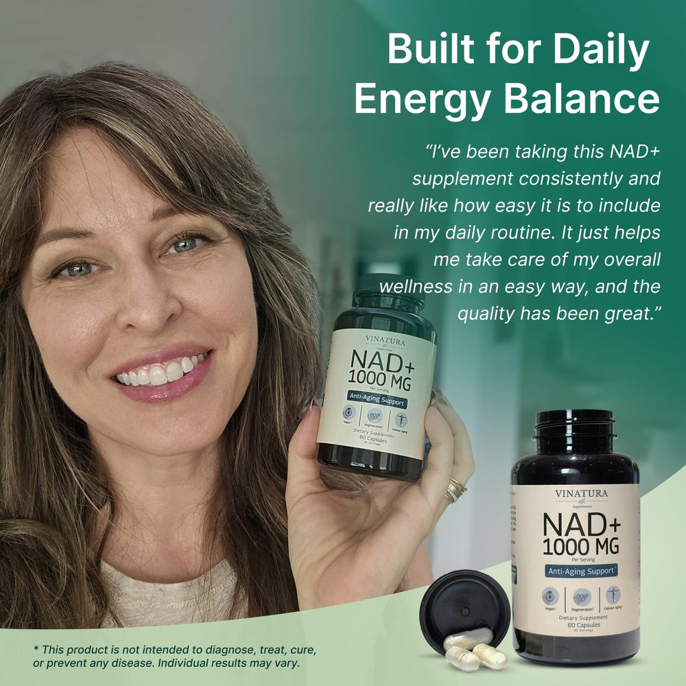 VINATURA NAD 1000mg bottle with glass of water.