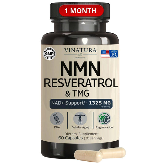 VINATURA NMN Complex capsules in bottle for daily NAD+ support.