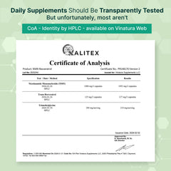 VINATURA NMN Complex ingredients—resveratrol and TMG—for NAD+ synergy.