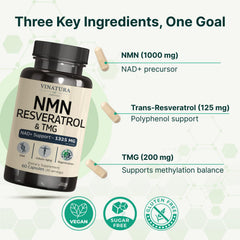 VINATURA NMN Complex vegan capsules suitable for gluten- and dairy-free diets.