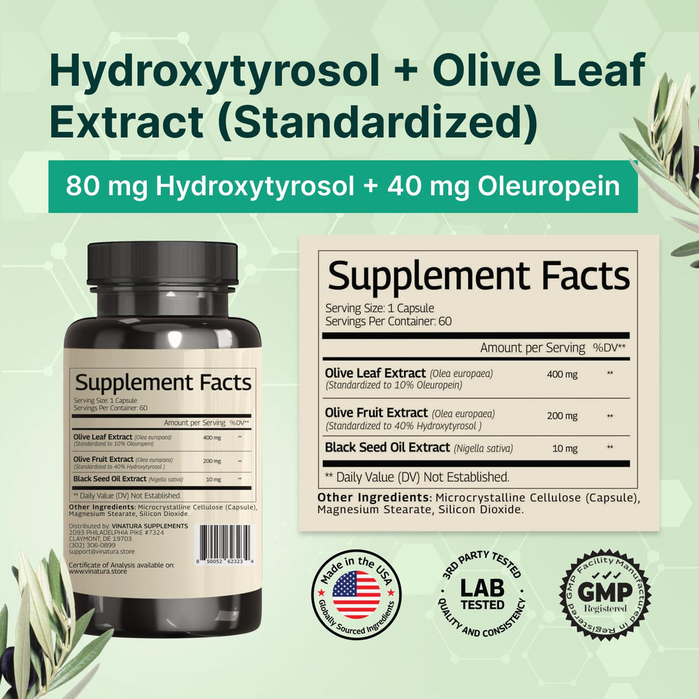VINATURA olive leaf extract capsules showing oleuropein concentrate for potential immune support.