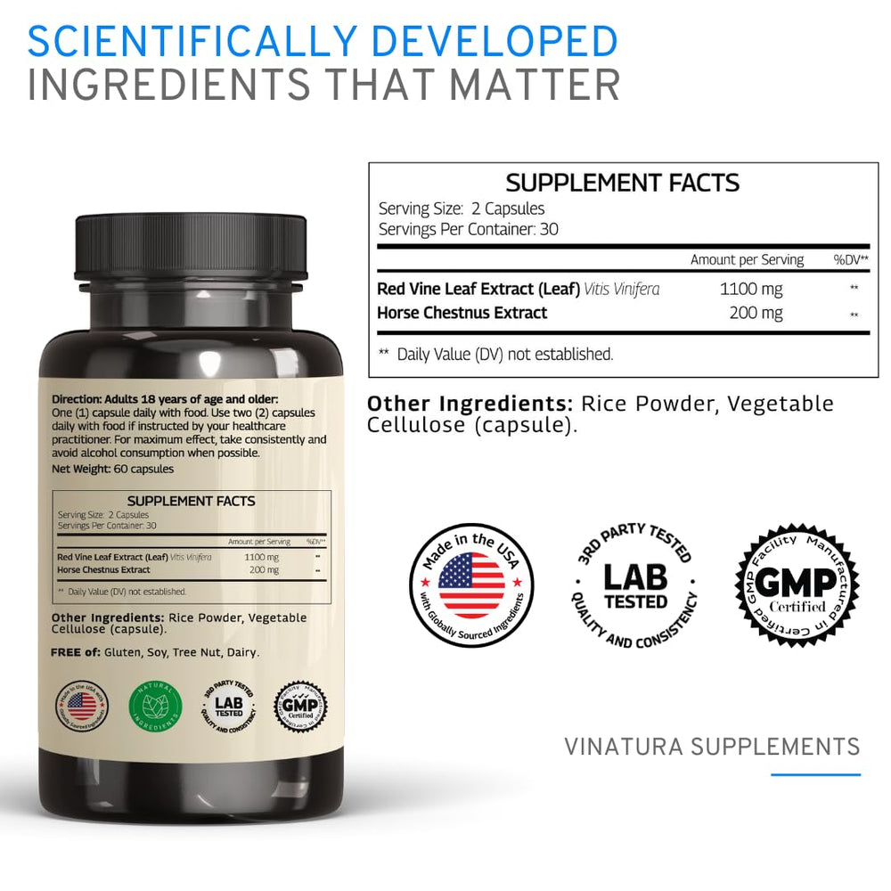 VINATURA capsules close-up emphasizes potency with 1300mg per serving for leg support.