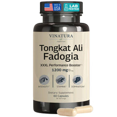 VINATURA Tongkat Ali Fadogia bottle front promotes energy and daily endurance.