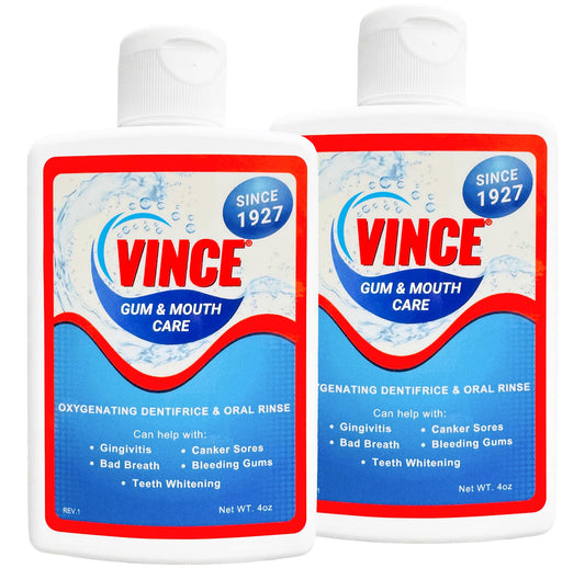 Vince Gum & Mouth Care powder tub front for daily oral support.