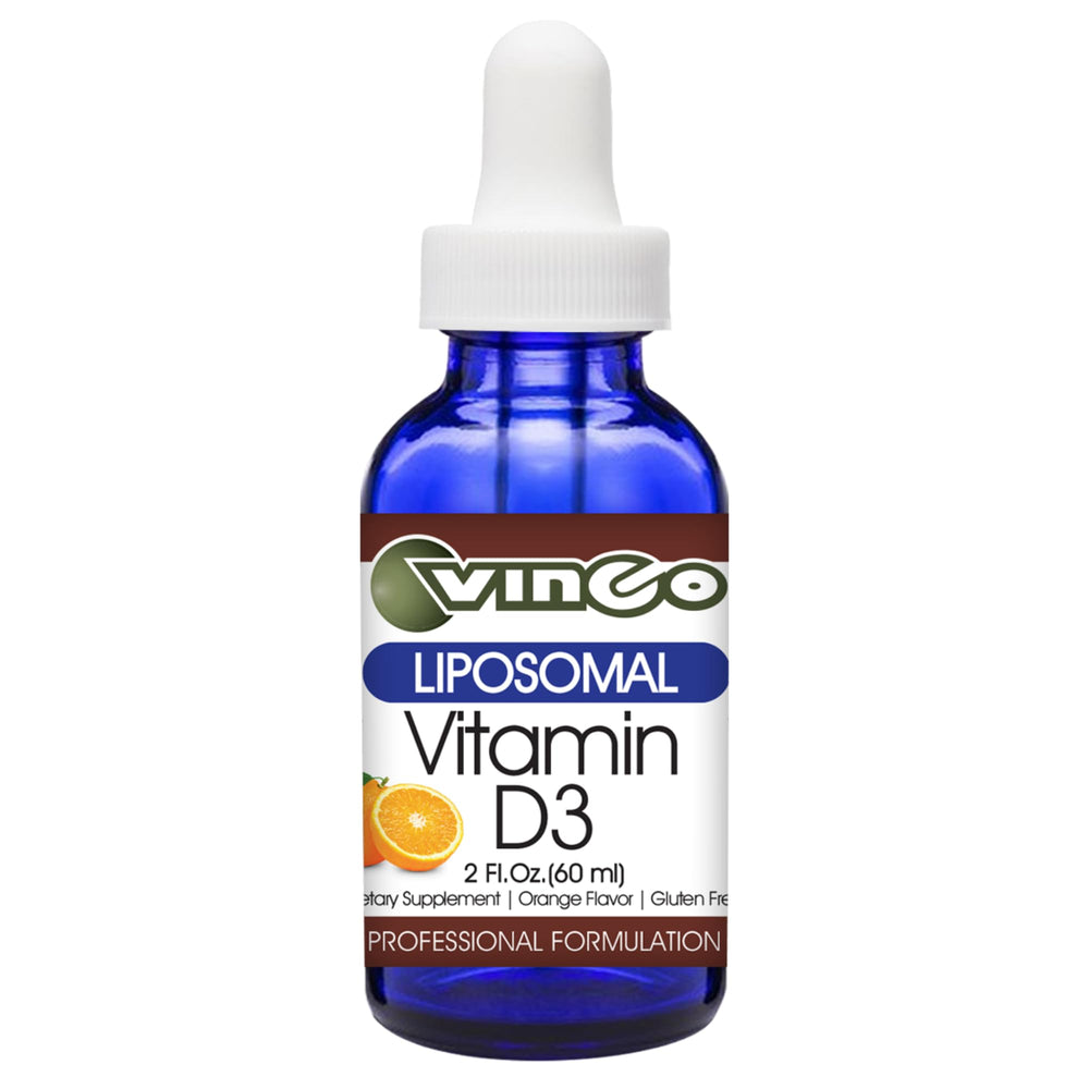 Vinco liposomal D3 bottle close-up highlighting enhanced absorption for immune support.