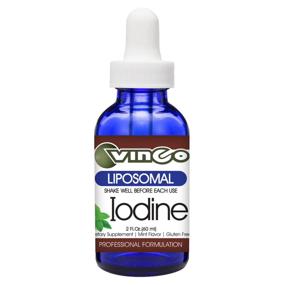 Vinco liposomal iodine bottle with pour shows easy daily supplementation.