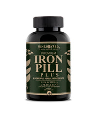 Vines Yard Iron Pill Plus bottle shows plant-based iron support for natural energy.