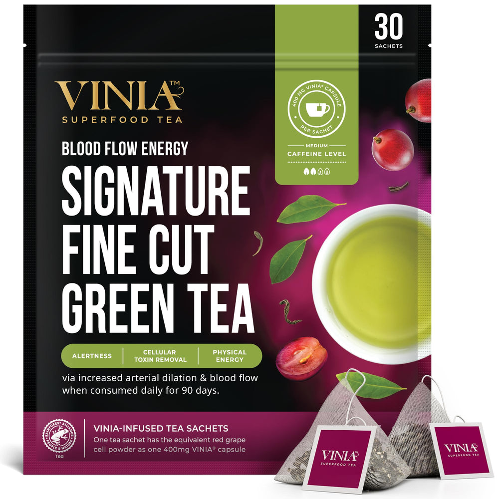 VINIA Signature Green Tea Bags pack shot highlighting convenient daily sachets for energy