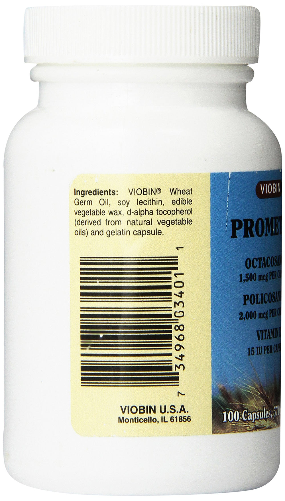 Close-up of Viobin Prometol ingredients showing vitamin E and lecithin.