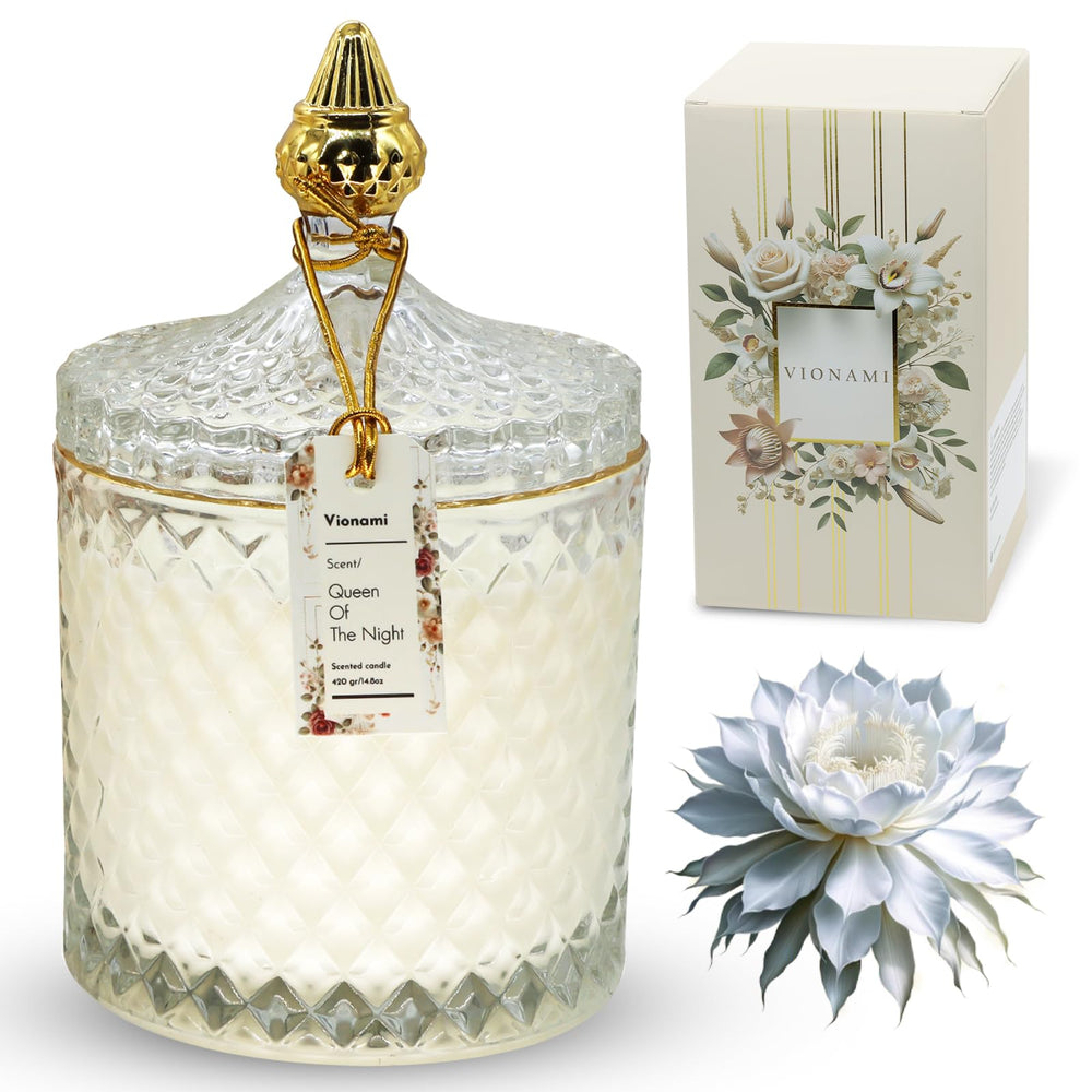VIONAMI Queen of the Night candle in a decorative jar enhances ambiance with a unique floral scent