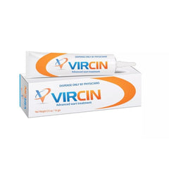 VIRCIN advanced wart-treatment packaging display highlighting guidance for common and plantar warts.