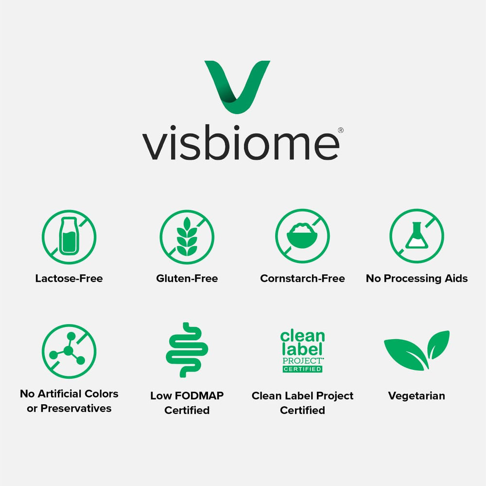 Visbiome GI Care low-FODMAP and gluten-free certifications displayed on product.