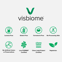 Visbiome GI Care low-FODMAP and gluten-free certifications displayed on product.